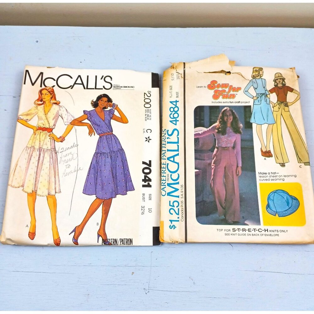 Vintage McCalls Sewing Patterns 7041 & 4684 For Dresses Pants Tops & Hats Sizes